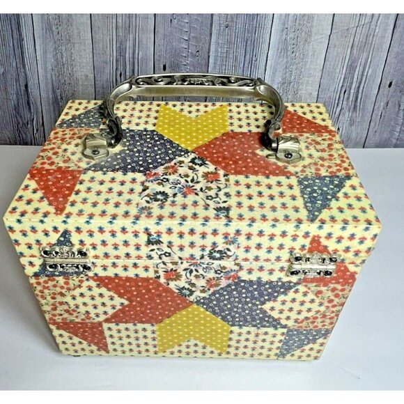1970s Wooden Trinket Case Box Patchwork Design 7" x 5.5" x 5" with handle - Picture 9 of 16